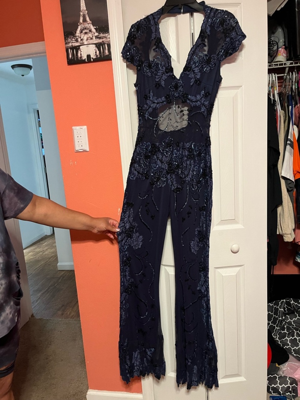 Navy Floral Sequin Jumpsuit with Sheer Insets